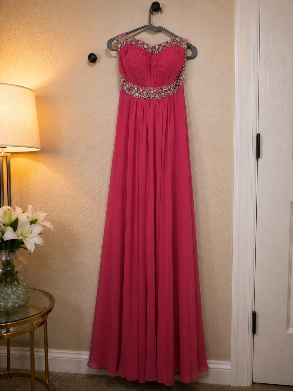 Hot Pink Strapless Beaded Chiffon Prom Gown Formal Maxi Dress
